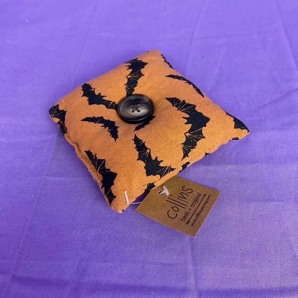 Collins Halloween Fabric Bowl Filler Pillow Orange Black Bat Print Button Accent